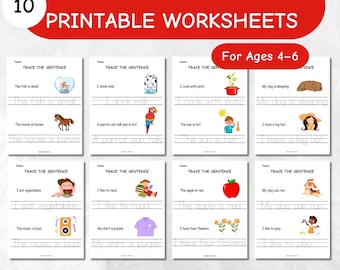 Werkbladen voor het overtrekken van zinnen: Leuke schrijfoefeningen voor kinderen (printbaar PDF-bestand)