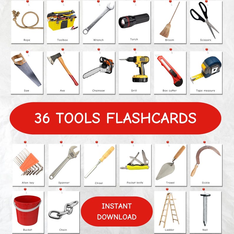 Tools Flashcards for Kids | Printable 3-part Montessori Cards | PDF PNG ...