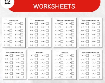 May include: A set of 12 addition and subtraction worksheets featuring math problems with empty boxes for answers. The pages include columns of equations with numbers and symbols printed in black ink on white paper. The text reads Addition & Subtraction Worksheets.