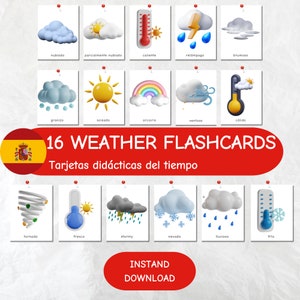 16 Cartões Meteorológicos ESPANHOL, imprimíveis para educação domiciliar, cartões de aprendizagem, clima, cartões flash imprimíveis, cartões flash, cartões pré-escolares