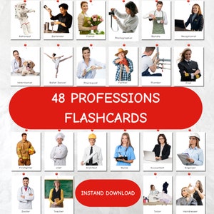 May include: A set of 48 flashcards featuring different professions, such as astronaut, bartender, florist, photographer, barista, receptionist, veterinarian, ballet dancer, pharmacist, farmer, plumber, pilot, firefighter, chef, architect, nurse, accountant, engineer, doctor, teacher, tailor, and hairdresser.