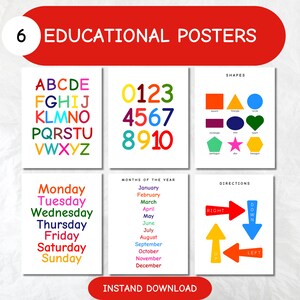 Set Of 6 Educational Posters, Homeschool Learning Prints, Set For Kids and Toddlers, Printable Home School Prints, Educational Wall Art