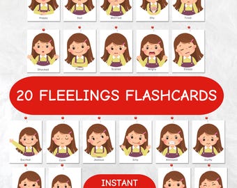 May include: A set of 20 flashcards featuring illustrations of a girl expressing various emotions, including happy, sad, worried, shy, tired, shocked, proud, scared, angry, sleepy, excited, calm, jealous, silly, annoyed, guilty, confused, hopeful, surprised, and disgusted.