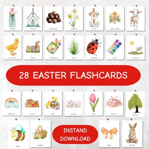 May include: A set of 28 illustrated flashcards featuring various Easter-themed images, including a church, a lamb, a duckling, a basket of eggs, a rainbow, a bee, a tulip, a willow tree, and a bunny. The text "28 Easter Flashcards" and "Instan Download" are also included.