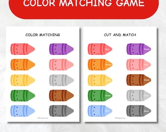 May include: A color matching game activity sheet featuring two sections titled COLOR MATCHING and CUT AND MATCH. The page displays rows of colorful crayon illustrations with smiling faces, including red, orange, yellow, green, blue, purple, pink, brown, gray, and black.