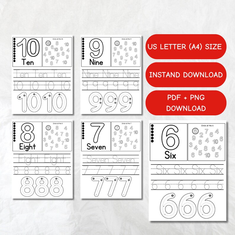 Number Tracing 1-10 Worksheets: Preschool Handwriting Practice (digital ...