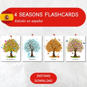 Spanish Four Seasons Vocabulary, FlashCards PDF, Montessori Cards, Learning tool, Season Flash Cards Nomenclature, Spanish Printable Cards,