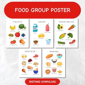 Affiche nutritionnelle, Cartes éducatives sur la nutrition, Ensemble d'apprentissage imprimable sur les groupes d'aliments, Fruits, Légumes, Produits laitiers, Protéines, Céréales