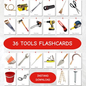 36 TOOLS afdrukbare flashcards, driedelige kaarten, gereedschap en uitrusting 36 flashcards, peuter Montessori afdrukbaar | Voorschoolse bouwactiviteit