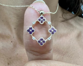 Collana trifoglio, collana ametista, oro 14 k, collana diamanti, gioielli,
