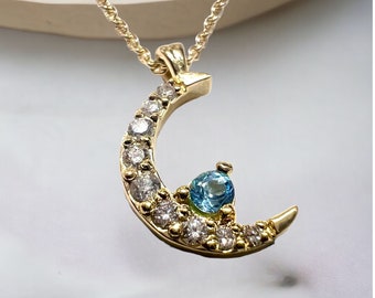 Collana lunare, collana con topazio blu, collana di diamanti naturali, collana di gioielli, collana in oro massiccio 14 k, collana con prezzo di offerta, Natale,