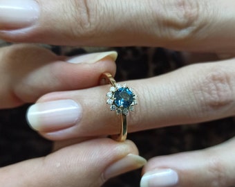 anello rotondo, anello di diamanti, anello di topazio blu di Londra, anello d&#39;oro 14k, oro massiccio