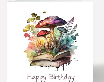Watercolour Mushroom Book Birthday Card, Personalised Birthday Card, Friend, Wife, Daughter, Mum, Gran, Dad, Granddad, any relative/name/age