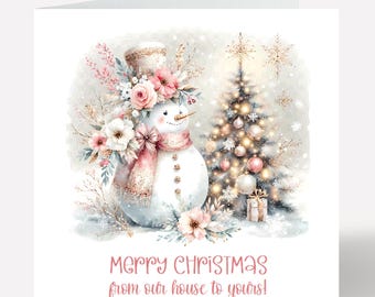 Personalised Pink Snowman Christmas Card, from our house to yours 915