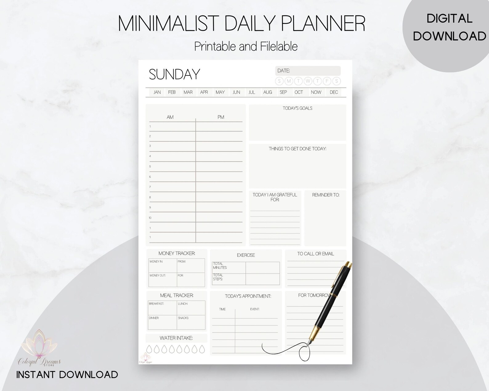 Minimalist Daily Planner, Printable Daily Planner, Refillable Daily