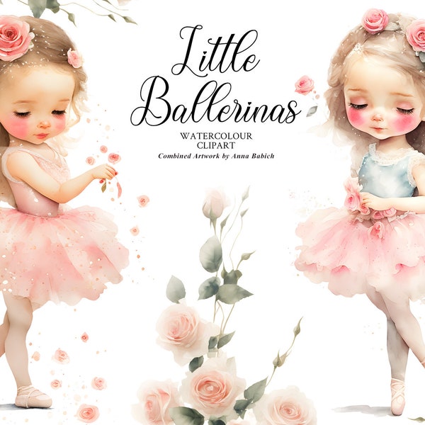 Little Ballerinas - ballerina, ballet, cute, girl, rose flowers, clipart, sublimation, tutu, watercolor, scrapbooking