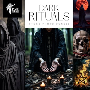 Könnte beinhalten: Ein Stockfoto-Paket mit dem Titel "DARK RITUALS" mit Bildern von verhüllten Figuren, Schädeln, Kerzen und einem Pentagramm. Die Bilder haben ein dunkles, gotisches Thema mit Vollmond und Wald.
