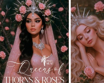 Queens of Thorns and Roses Stock Photography | goddess, enchanted, book cover design, floral crown, divine feminine, celestial, oracle cards