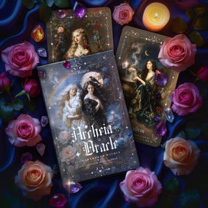 Puede incluir: Un mazo de cartas del Oráculo Archeia con una guía, rodeado de rosas rosas y melocotón, cristales y una vela encendida. La caja de cartas presenta el título "Archeia Oracle" y el texto "LIGHT & SHADOW WITHIN". Las cartas representan ilustraciones de mujeres.