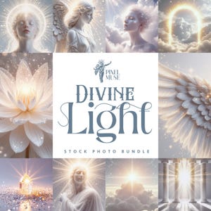 Op de afbeelding: Een verzameling digitale kunstafbeeldingen met een hemels thema. De afbeeldingen tonen engelachtige figuren, gloeiend licht en etherische elementen. De tekst "DIVINE LIGHT STOCK PHOTO BUNDLE" staat in het midden van de afbeelding.