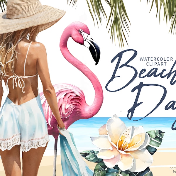 Beach Day - summer girl bikini beach flamingo vibes sublimation png scrapbooking woman paradise clipart watercolor ocean sea coastal island