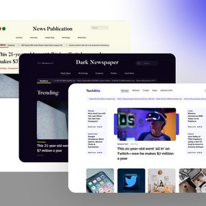 May include: A website design template for a news publication. The template features a dark mode design with a headline that reads "This 21-year-old went 'all in' on Twitch - now he makes $7 million a year".