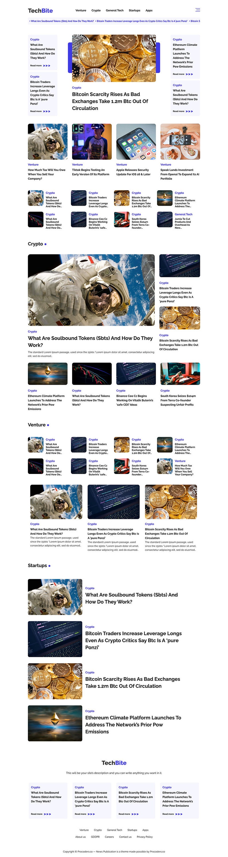 Puede incluir: Una captura de pantalla del sitio web TechBite, una publicaci&oacute;n de noticias, que presenta art&iacute;culos sobre criptomonedas, capital riesgo y tecnolog&iacute;a general. El sitio web tiene un esquema de color azul y blanco y presenta una variedad de art&iacute;culos con im&aacute;genes y texto.