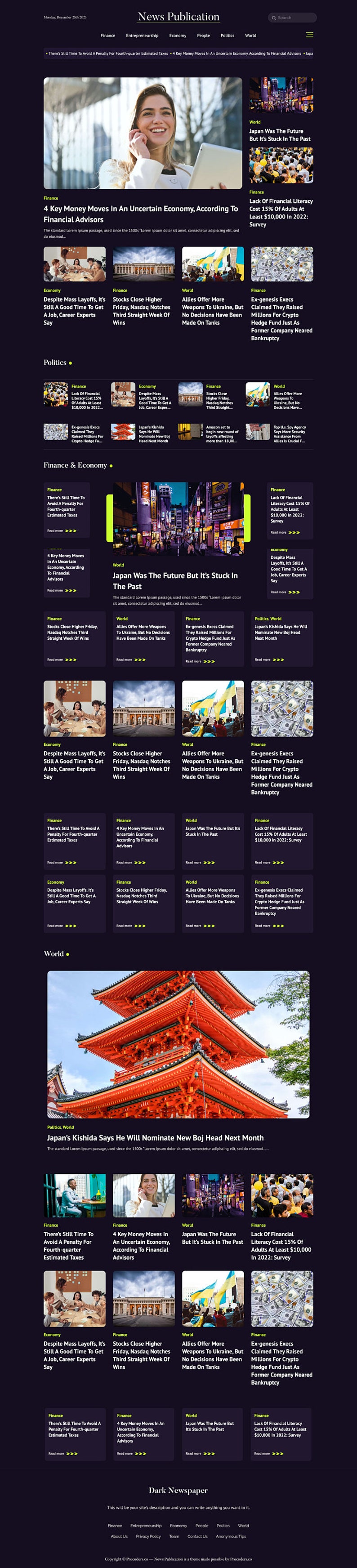 Puede incluir: Un sitio web oscuro con un tema de publicaci&oacute;n de noticias. El sitio web presenta art&iacute;culos sobre finanzas, econom&iacute;a, pol&iacute;tica y noticias del mundo. El sitio web tiene un fondo oscuro con texto verde brillante y un icono de flecha verde brillante. El sitio web presenta una foto de un templo japon&eacute;s rojo con un techo verde oscuro.