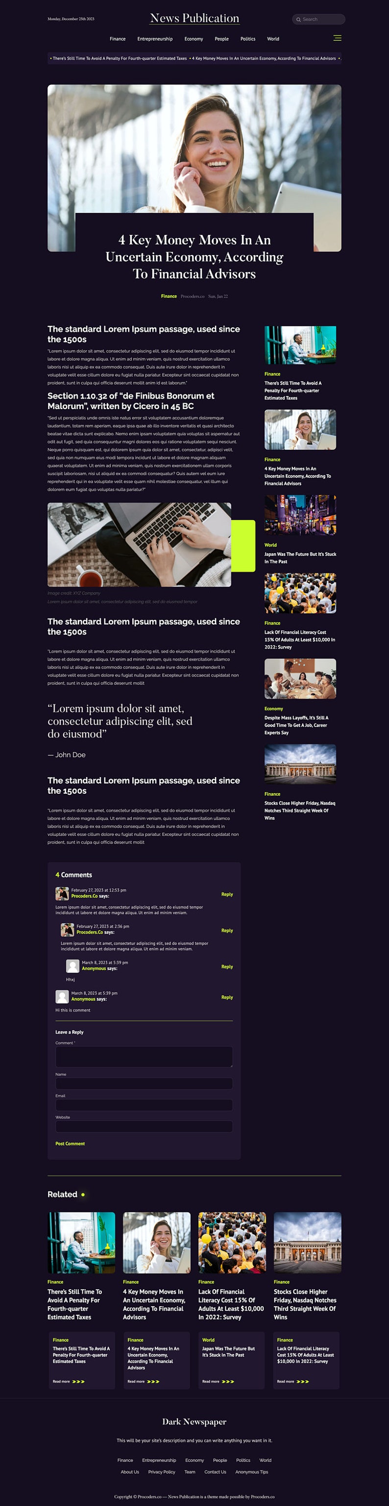 Puede incluir: Un sitio web oscuro con un art&iacute;culo de noticias sobre asesoramiento financiero. El art&iacute;culo se titula "4 Key Money Moves In An Uncertain Economy, According To Financial Advisors". El art&iacute;culo incluye un pasaje est&aacute;ndar de Lorem Ipsum, una secci&oacute;n de "de Finibus Bonorum et Malorum" de Cicer&oacute;n y una secci&oacute;n de comentarios.