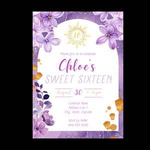 May include: A Sweet Sixteen invitation with a purple floral design. The invitation includes the text "Chloe's Sweet Sixteen" and event details. The design features watercolor flowers and floating lanterns.