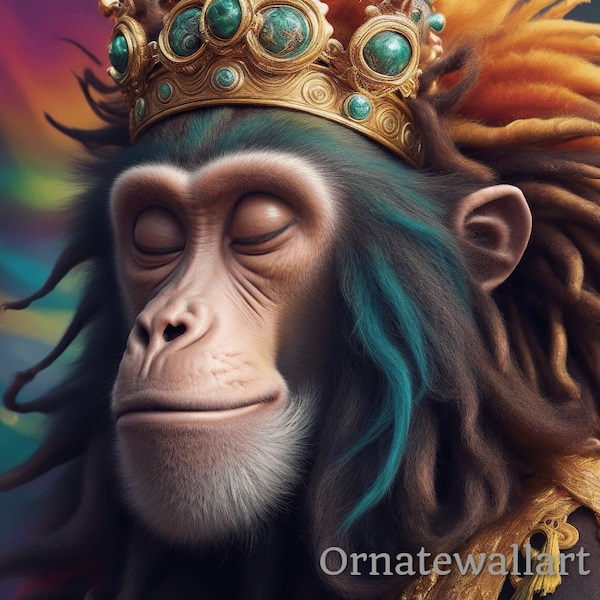 Monkey with Crown and Rasta Hair - Digital Download, AI Art, JPG File, Printable, Wall Art, Gift, scale 1:1