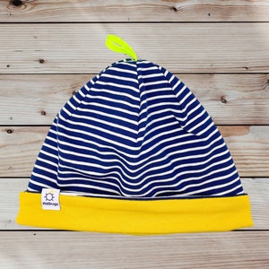 Kids cotton beanie hat in navy stripes/mustard | reversible and double layer with reflective loop| handmade in USA