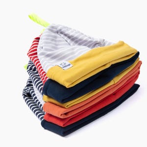 Premium Cotton Knit Beanie Hat Mustard/Grey stripes with Reflective Loop | Babies, Kids, Women, and Men sizes, double layered & reversible