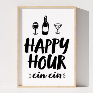 Happy Hour Digital Print, Happy Hour Printable Poster, Kitchen Wall Art, Black and White, Bar Cart Decor, Home Bar Print, Instant Download