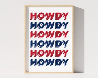 Howdy digitale print, Howdy afdrukbare poster, westelijke muur decor, boerderij kunst aan de muur, welkomstbord, rode en blauwe typografie, Instant Download