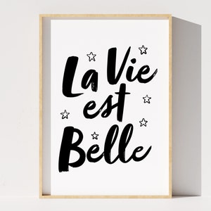 La Vie Est Belle Digital Print, French Quote Printable, French Wall Art, Black and White Home Decor, Life Is Beautiful, Instant Download