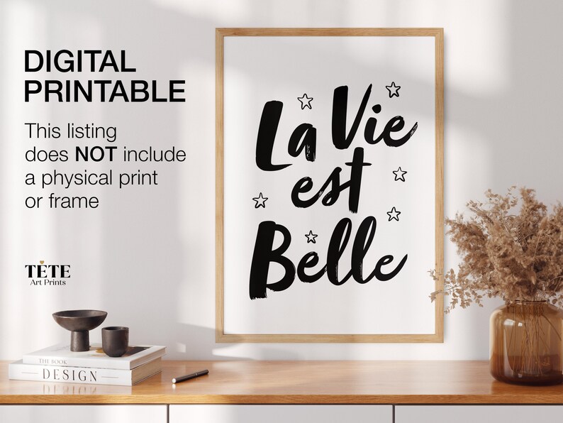 La Vie Est Belle digitale print, Frans citaat afdrukbaar, Franse muurkunst, zwart-wit interieur, het leven is mooi, Instant Download afbeelding 2