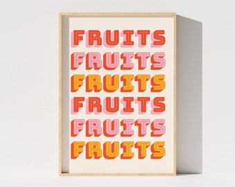 Fruit afdrukbare muurkunst, fruit retro typografie digitale print, vintage kleuren, retro keuken decor, rood, oranje, roze, instant download