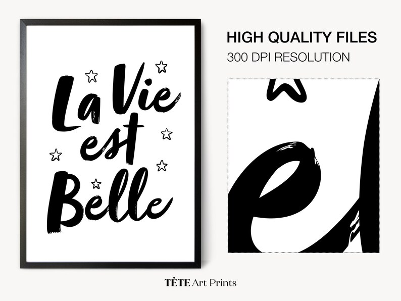 La Vie Est Belle digitale print, Frans citaat afdrukbaar, Franse muurkunst, zwart-wit interieur, het leven is mooi, Instant Download afbeelding 5
