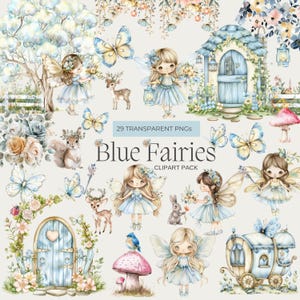 Clipart de aquarela de fada azul PNG, fada azul empoeirada, borboleta azul, berçário mágico, uso comercial