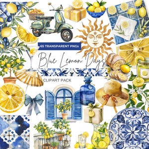 Watercolor Mediterranean Lemon Summer Clipart, Positano Tiles, Blue, Yellow and White Theme, Commercial Use
