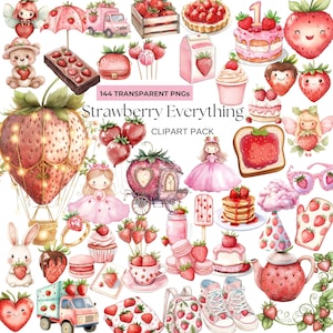 Puede incluir: Una colección de ilustraciones en acuarela con fresas. Incluye un globo aerostático, una princesa, un carruaje, una tetera, un camión y varios postres. El texto "Strawberry Everything" y "144 Transparent PNGs" es visible.