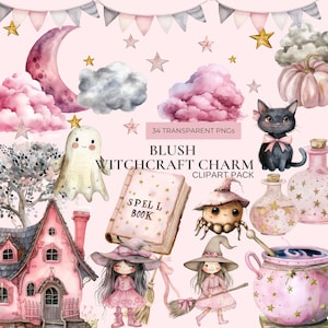 Cute Halloween Clipart PNG Pink Halloween Clipart Pastel Pink Witch Girly Halloween Pastel Halloween Clipart for Invitations Kids Spooky