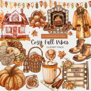 Cozy Fall Clipart Watercolor Autumn Clipart Cozy Autumn PNG Rustic Fall Vibes Hello Autumn Leaves October Scrapbooking Artful Design