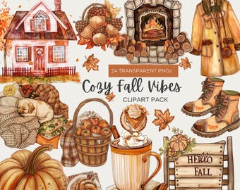 Clipart de otoño acogedor, clipart de acuarela de otoño, PNG de otoño acogedor, vibraciones rústicas de otoño, hola hojas de otoño, scrapbooking de octubre, diseño ingenioso