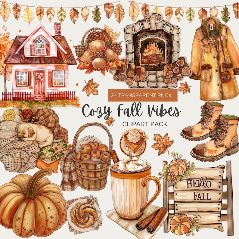Cozy Fall Clipart Watercolor Autumn Clipart Cozy Autumn PNG Rustic Fall ...