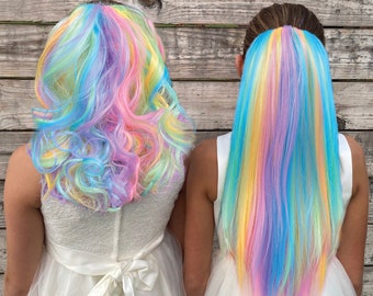 Rainbow hair extensions, little girl hair accessories, kids wigs girls, unicorn birthday hair, rainbow birthday, gifts for girls, pre-teen