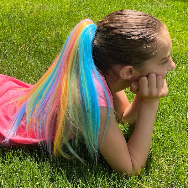 Extensions de cheveux arc-en-ciel pour enfants, accessoires pour cheveux petite fille, cheveux d'anniversaire de licorne, anniversaire arc-en-ciel, cadeaux pour fille de 10 ans, banderoles pour cheveux