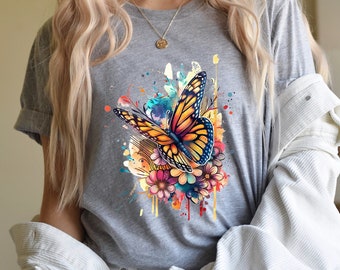 Camiseta de mariposa colorida, camiseta de acuarela floral, top inspirador para mujer, regalo de cumpleaños único, ropa unisex de moda, ropa artística