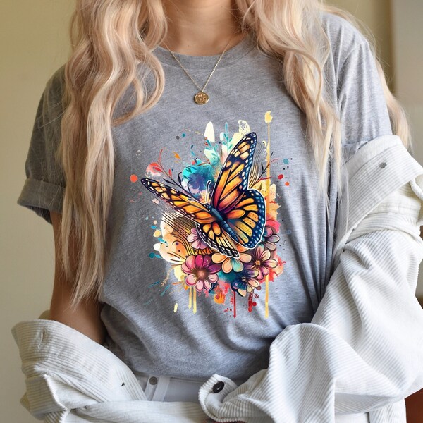 Colorful Butterfly T-Shirt, Floral Watercolor Tee, Inspirational Women's Top, Unique Birthday Gift, Trendy Unisex Clothing, Artistic Wear